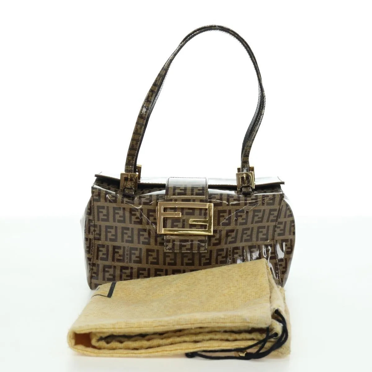 Fendi Mamma Baguette Zucca patent leather, Brown, Canvas, Shoulder Bag