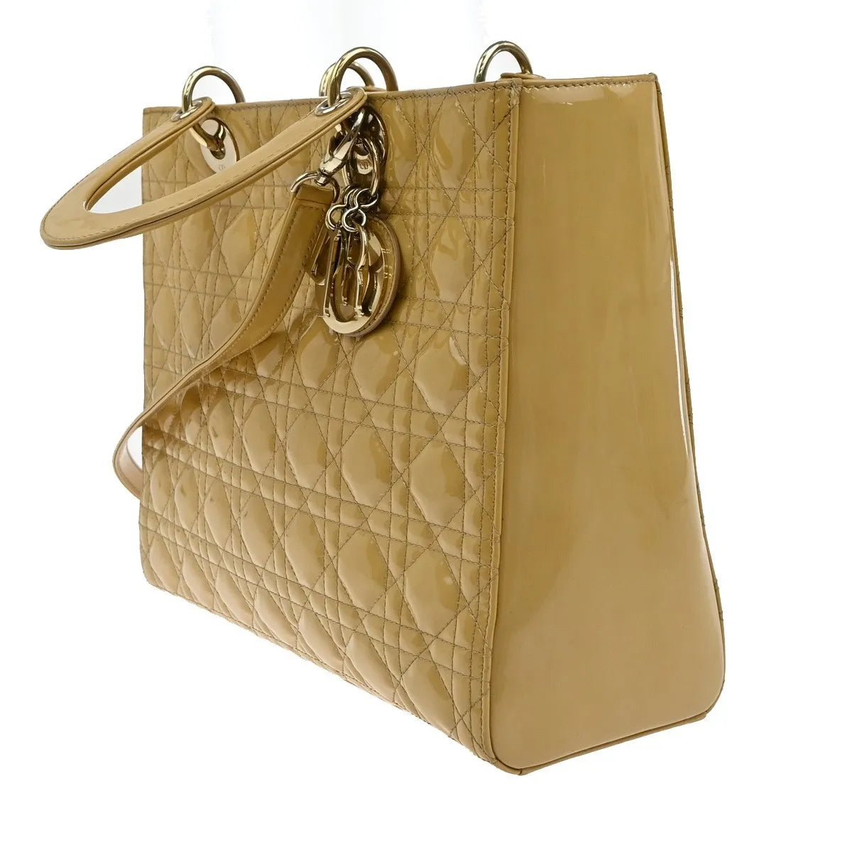 Christian Dior Lady Dior Cannage Quilt Patent, Yellow, Patent Leather, Handbag