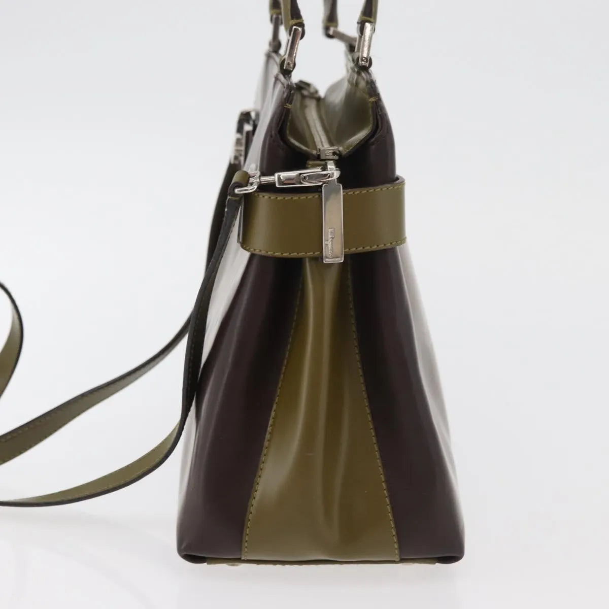 Salvatore Ferragamo Double Gancini Side Buckle Tote Patent Leather, Brown, Patent Leather, Handbag