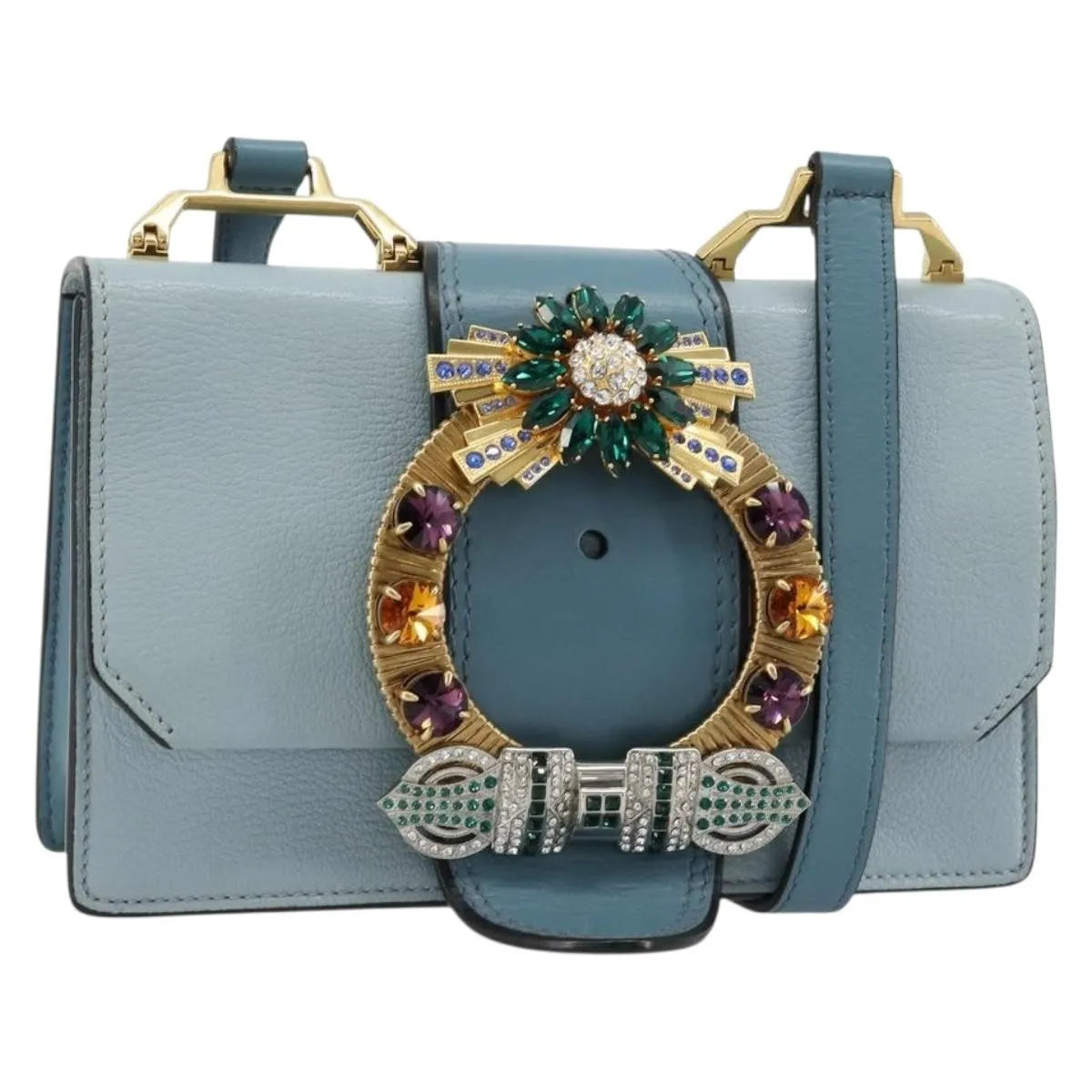 Miu Miu Madras Crystal Buckle Leather, Blue, Leather, Shoulder Bag