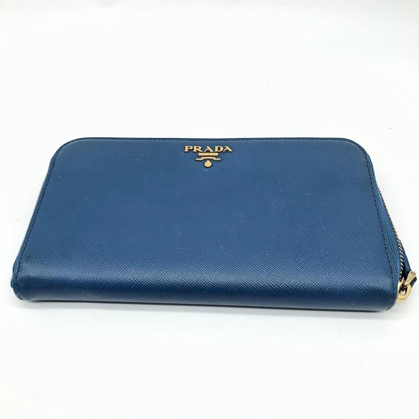 Prada Zip Around Tab Saffiano Leather, Blue, Leather, Wallet