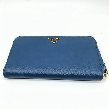 Prada Zip Around Tab Saffiano Leather, Blue, Leather, Wallet