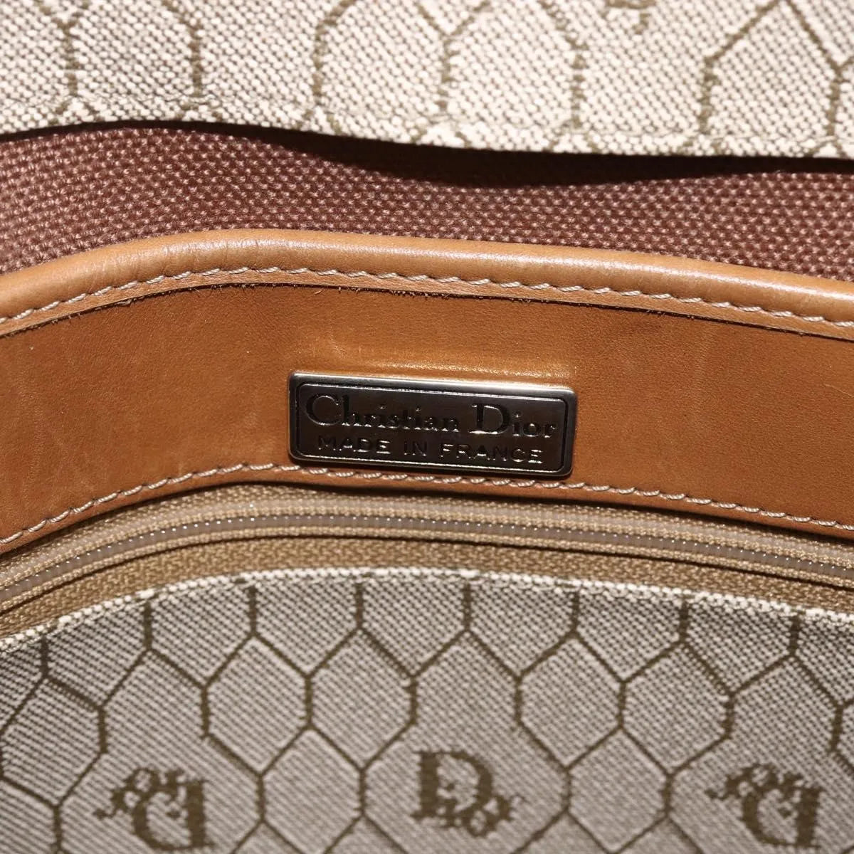 Christian Dior Vintage Honeycomb Canvas and Leather, Beige, Canvas, Shoulder Bag
