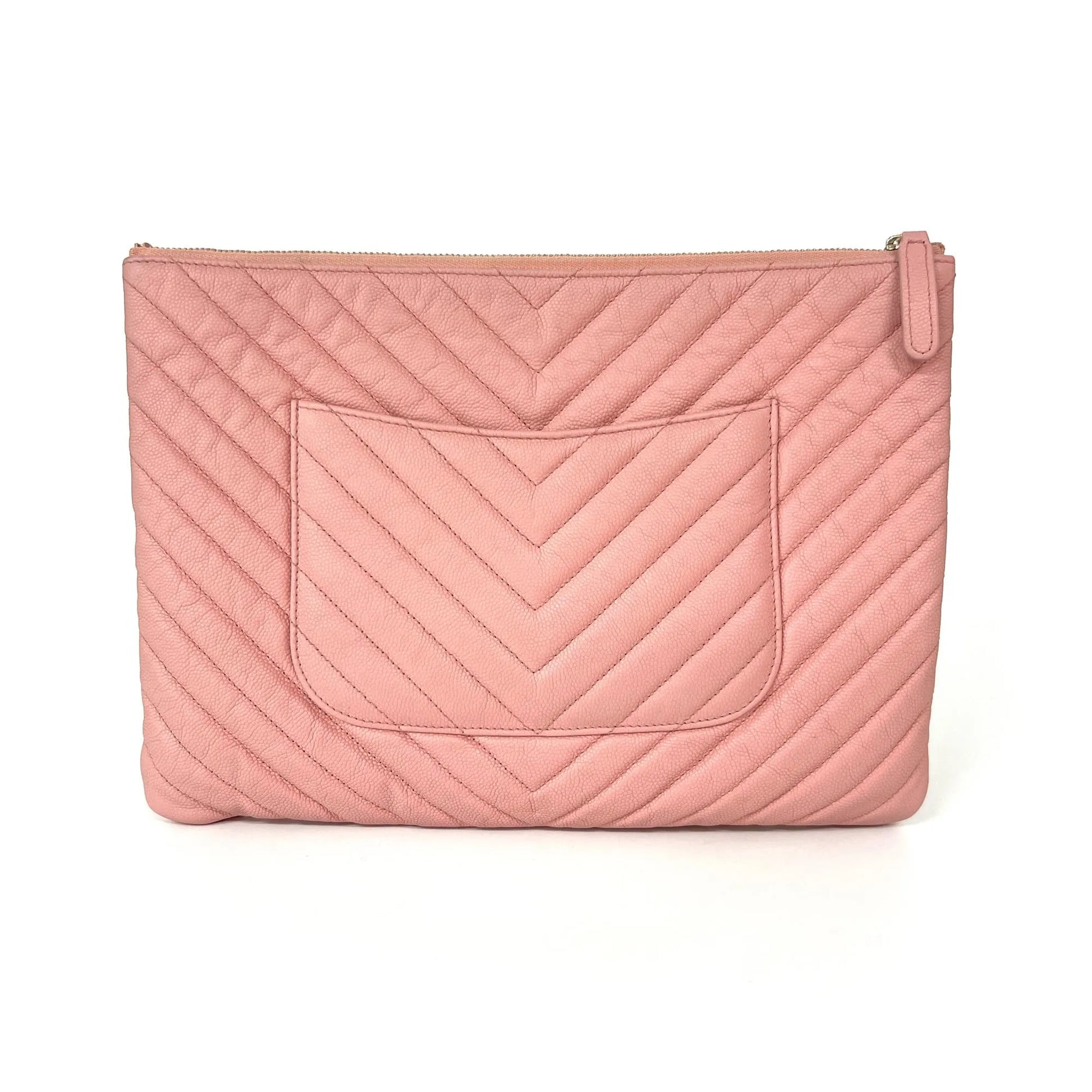 Chanel O Case Clutch Chevron Caviar, Pink, Leather, Clutch