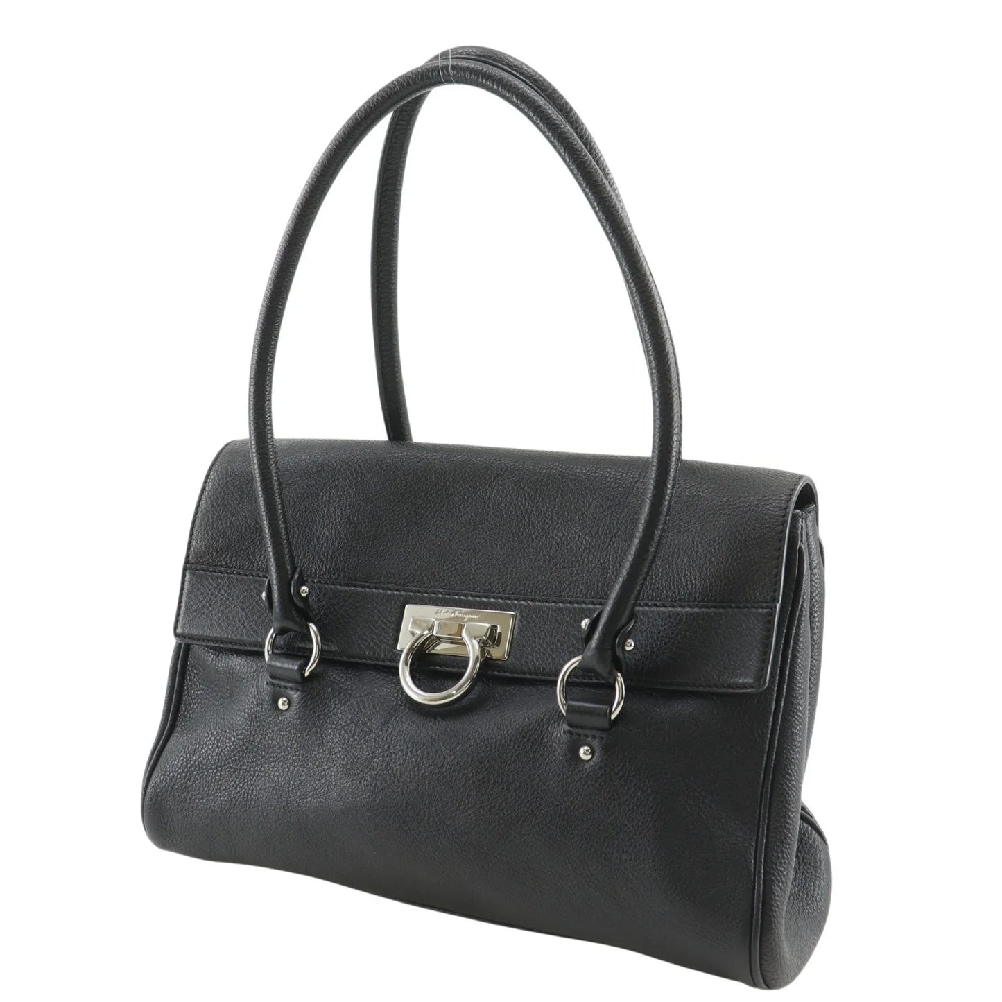 Salvatore Ferragamo Gancini Satchel Leather, Black, Leather, Shoulder Bag