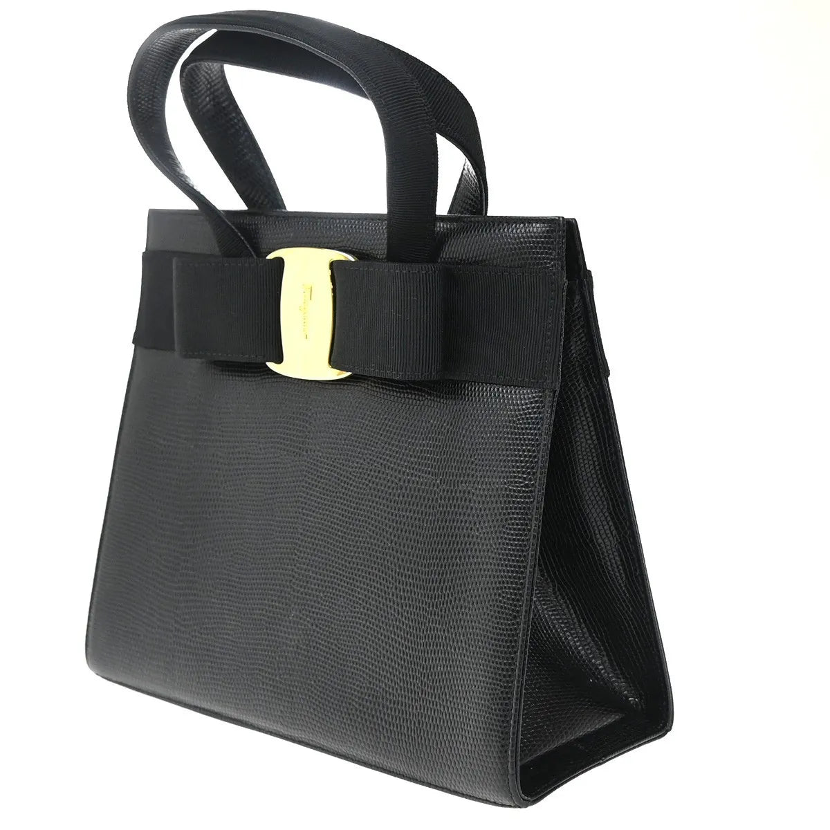 Salvatore Ferragamo Convertible Vara Bow Tote Lizard Embossed Leather, Black, Leather, Handbag