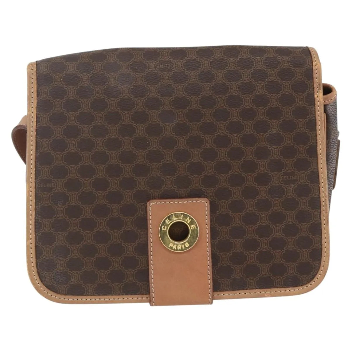 Celine Vintage Macadam Circle Logo Canvas and Leather, Brown, Canvas, Shoulder Bag
