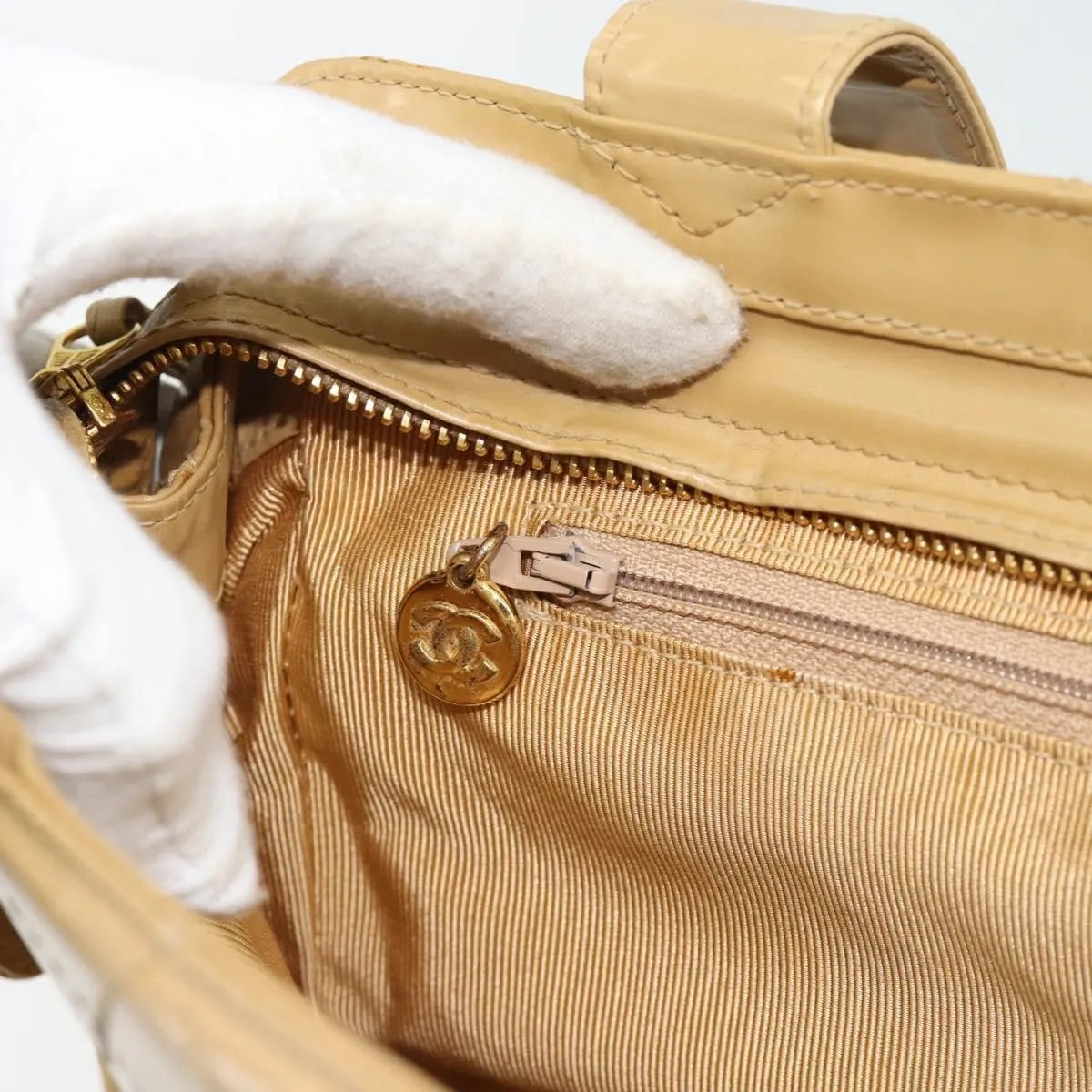 Chanel Vintage Front Pocket Leather, Beige, Patent Leather, Shoulder Bag