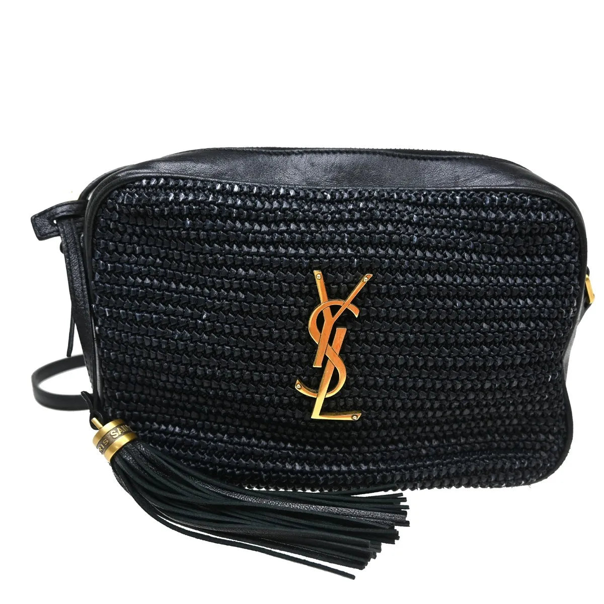 Saint Laurent Lou Camera Raffia, Black, Leather, Handbag