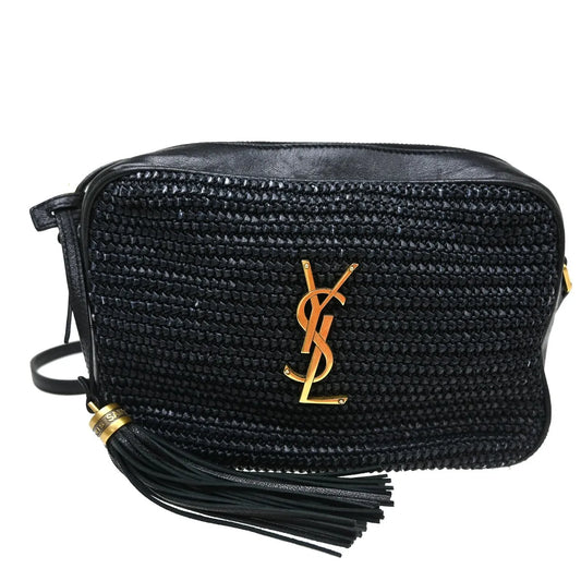 Saint Laurent Lou Camera Raffia, Black, Leather, Handbag