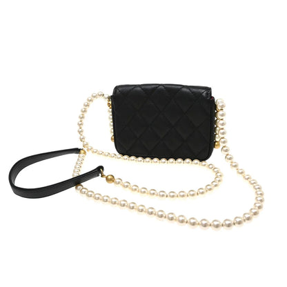 Chanel About Pearls Flap Card Holder with Chain Lambskin, Black, Leather, Shoulder Bag