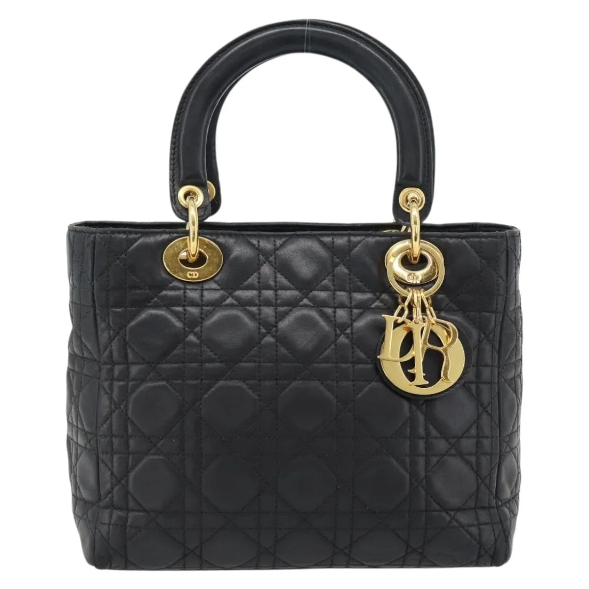 Christian Dior Vintage Lady Dior Cannage Quilt Lambskin, Black, Leather, Handbag