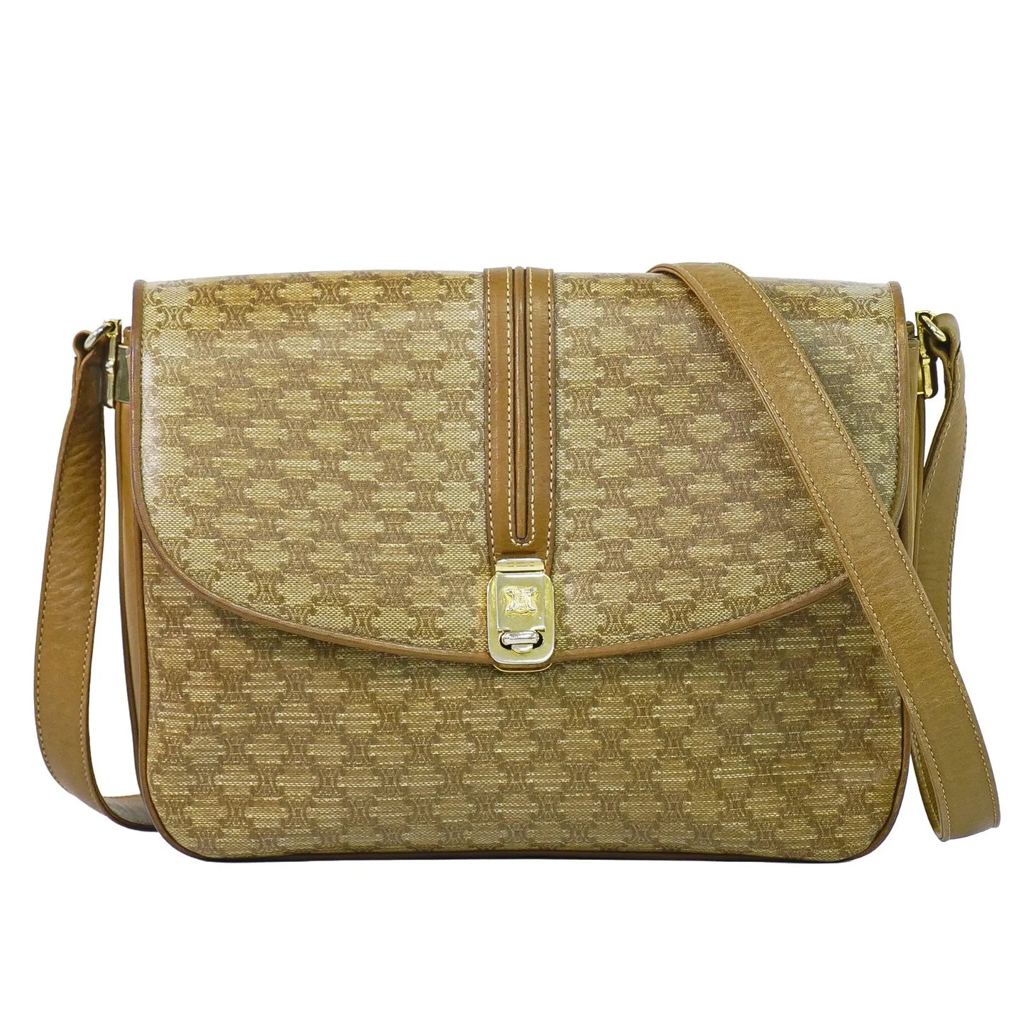 Celine Vintage Macadam Canvas and Leather, Beige, Canvas, Shoulder Bag