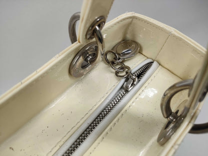 Christian Dior Lady Dior Cannage Quilt Patent, White, Leather, Handbag