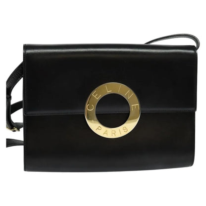 Celine Vintage Circle Logo Leather, Black, Leather, Shoulder Bag