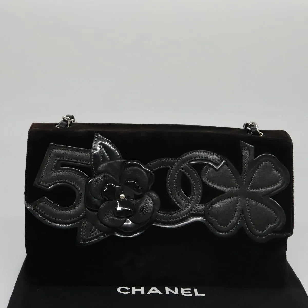 Chanel Camellia No.5 Chain Flap Velvet, Black, Velvet, Shoulder Bag