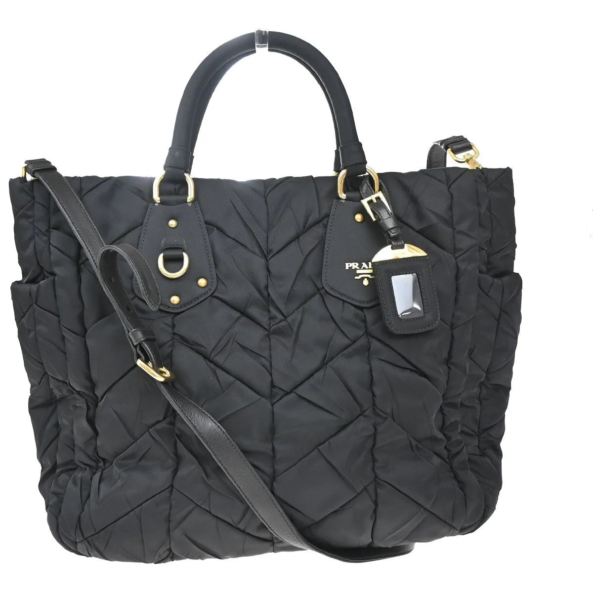 Prada Convertible Side Pocket Tote Chevron Tessuto, Black, Nylon, Tote Bag