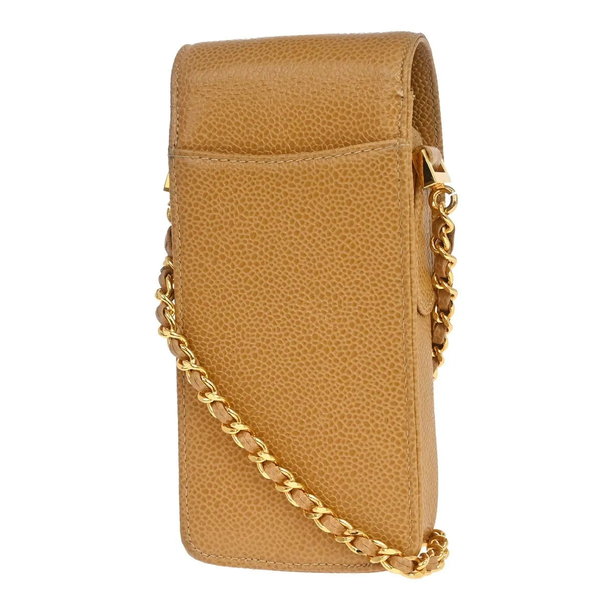 Chanel Vintage CC Phone Holder Caviar, Beige, Leather, Clutch