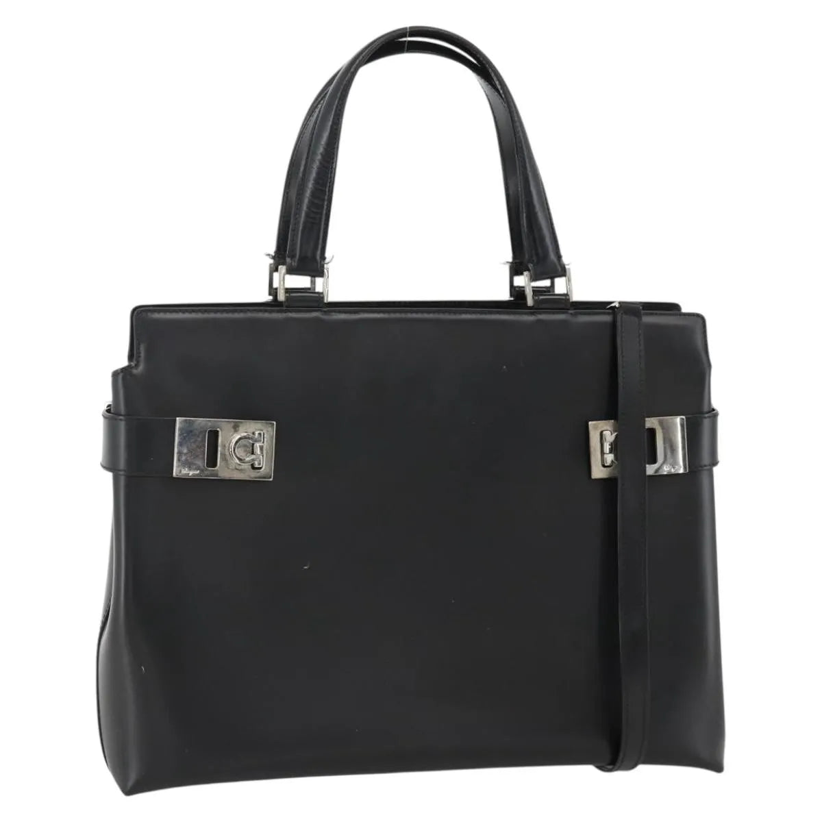 Salvatore Ferragamo Double Gancini Side Buckle Tote Leather, Black, Leather, Handbag