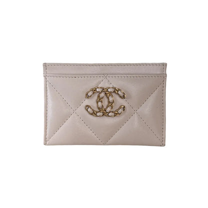 Chanel 19 Card Holder Quilted Iridescent Calfskin, White, Calfskin, Card Holder