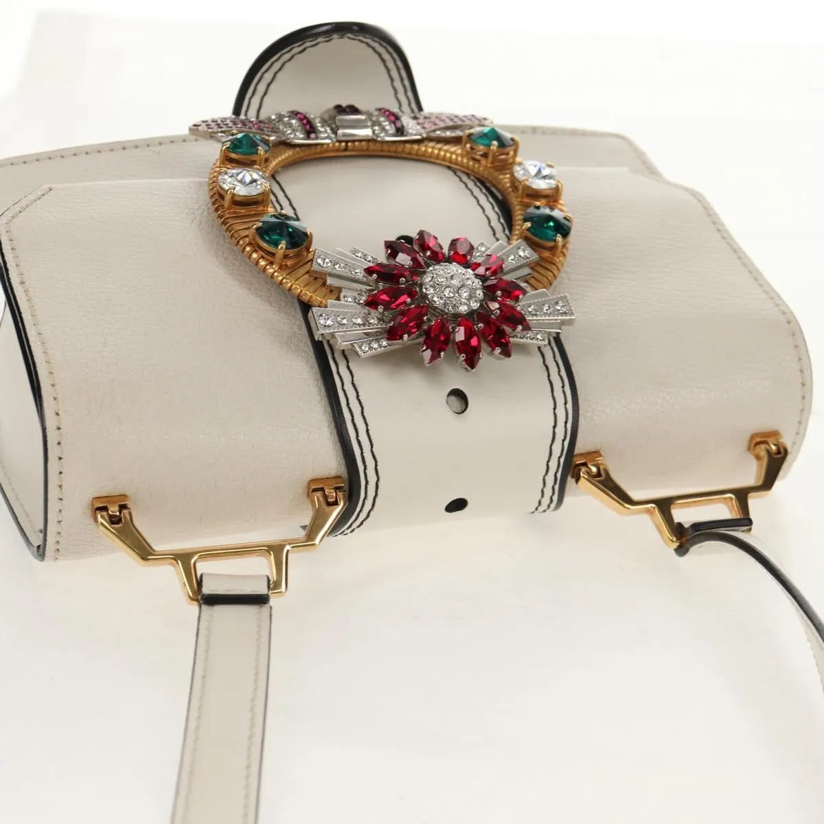 Miu Miu Madras Crystal Buckle Leather, White, Leather, Shoulder Bag