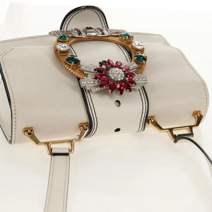 Miu Miu Madras Crystal Buckle Leather, White, Leather, Shoulder Bag