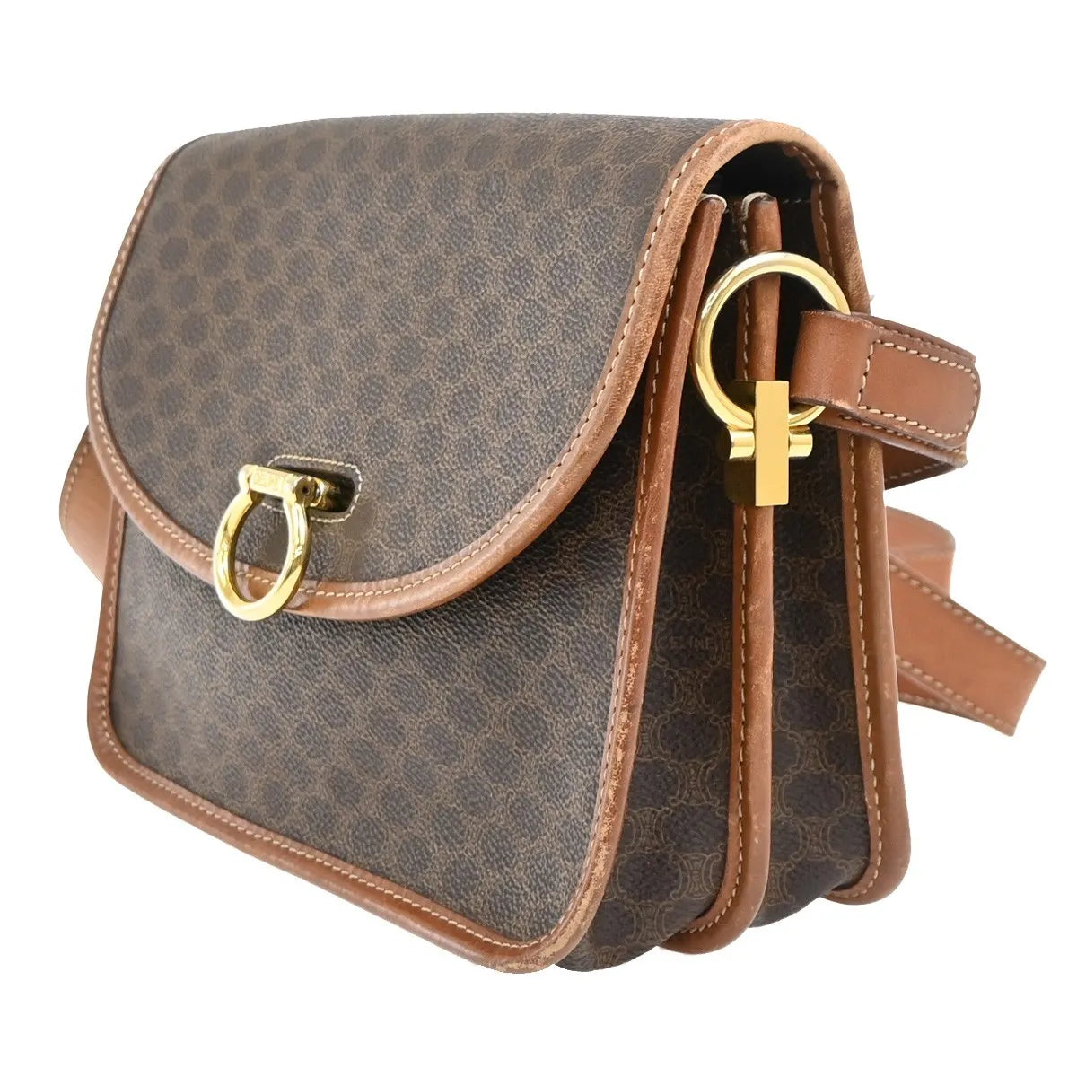 Celine Vintage Macadam Canvas and Leather, Brown, Canvas, Shoulder Bag