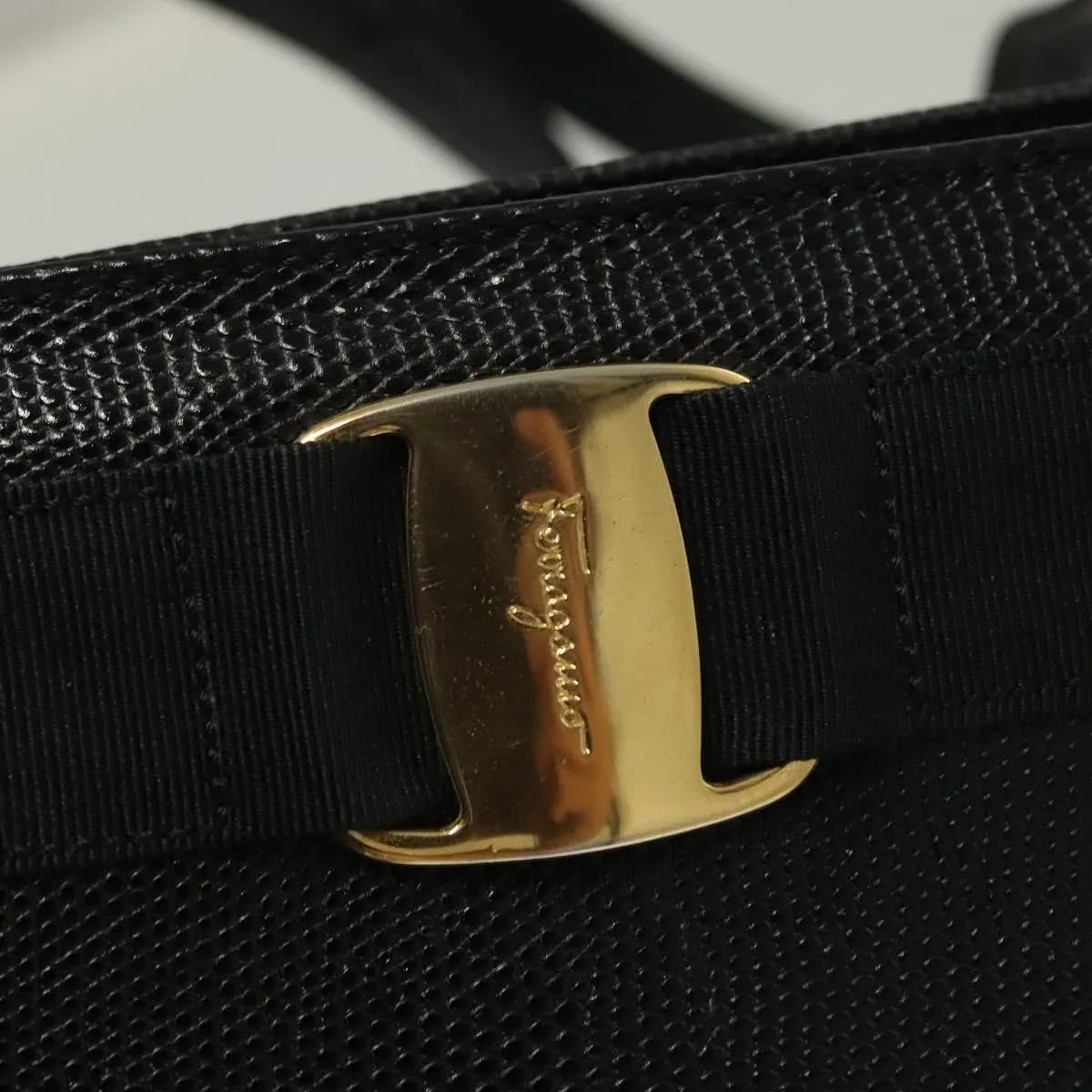 Salvatore Ferragamo Vintage Vara Bow Tote Lizard Embossed Leather, Black, Leather, Tote Bag