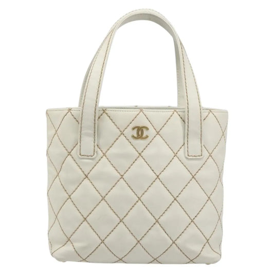 Chanel Surpique Tote Quilted Leather, White, Leather, Tote Bag