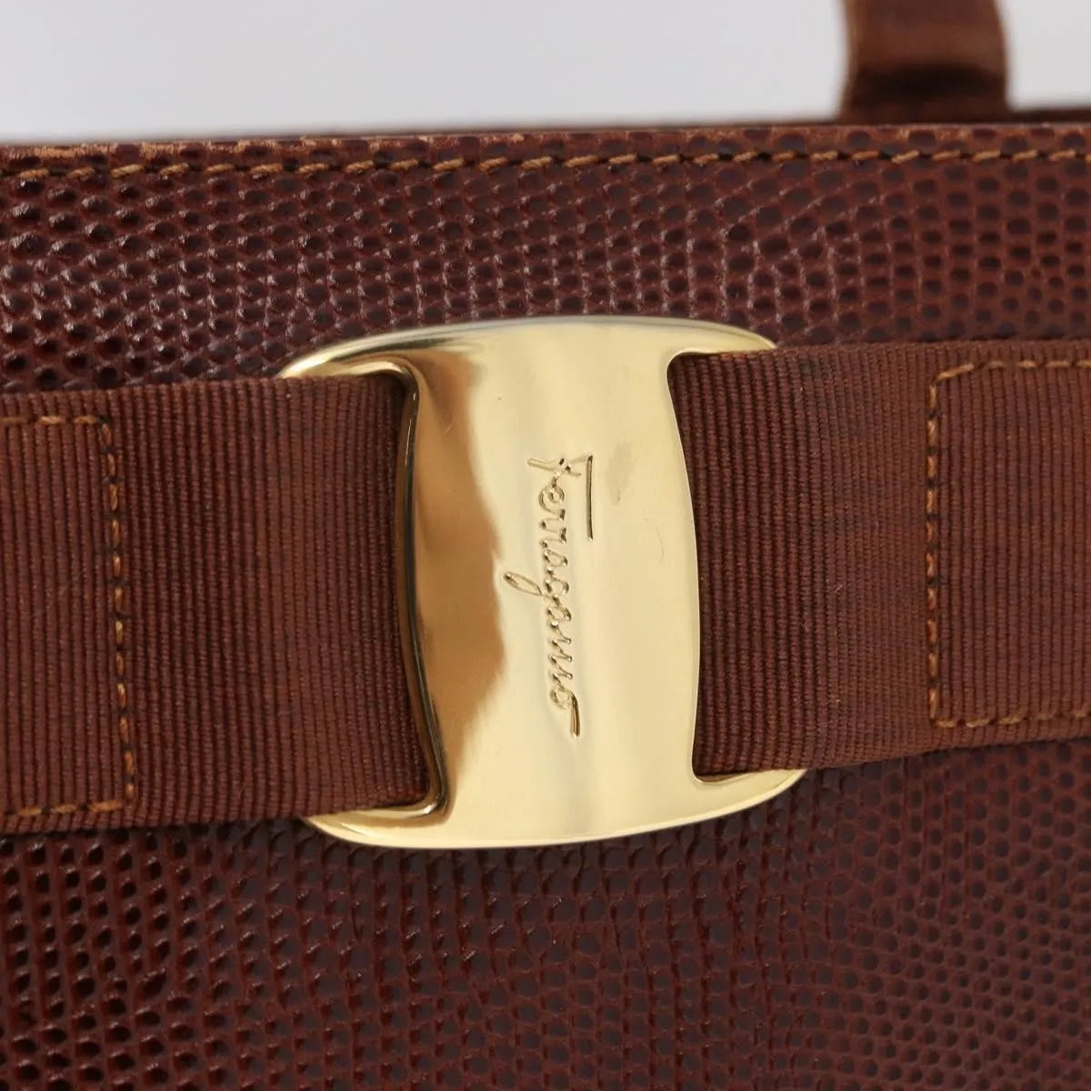 Salvatore Ferragamo Vintage Vara Bow Tote Lizard Embossed Leather, Brown, Leather, Tote Bag