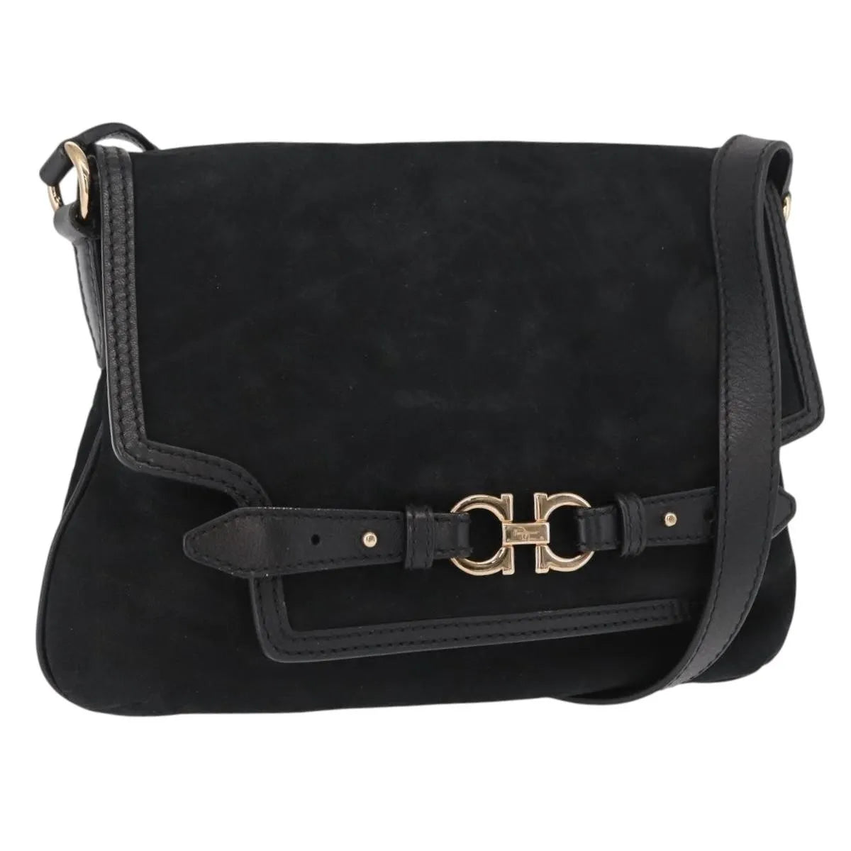 Salvatore Ferragamo Gancini Suede, Black, Suede, Shoulder Bag