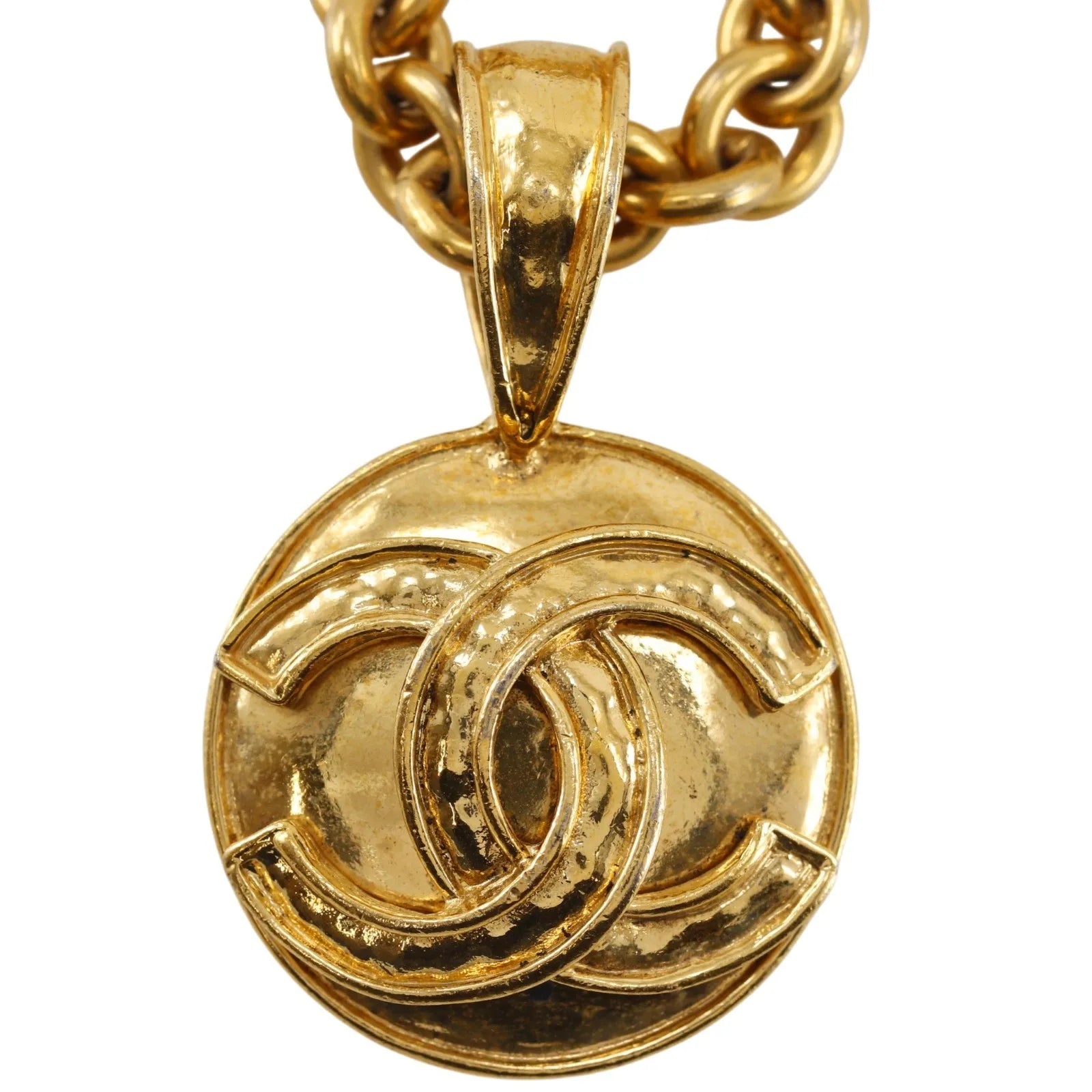 Chanel Vintage CC Round Pendant Long Metal, Gold, Gold Plated, Necklace