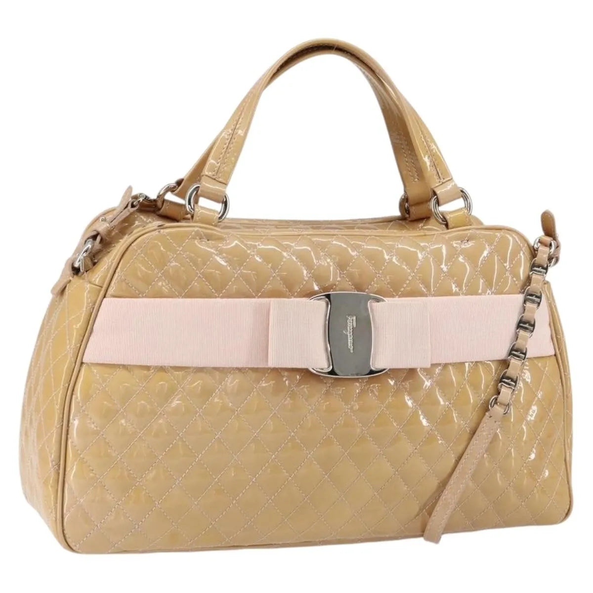 Salvatore Ferragamo Vala Patent leather, Beige, Patent Leather, Handbag