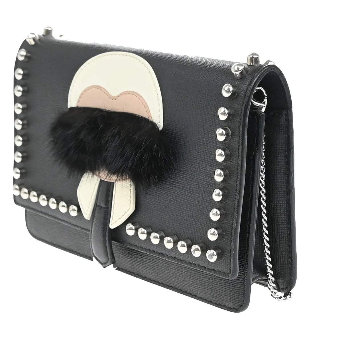 Fendi Karlito Wallet on Chain Studded Saffiano Leather, Black, Leather, Shoulder Bag
