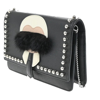 Fendi Karlito Wallet on Chain Studded Saffiano Leather, Black, Leather, Shoulder Bag