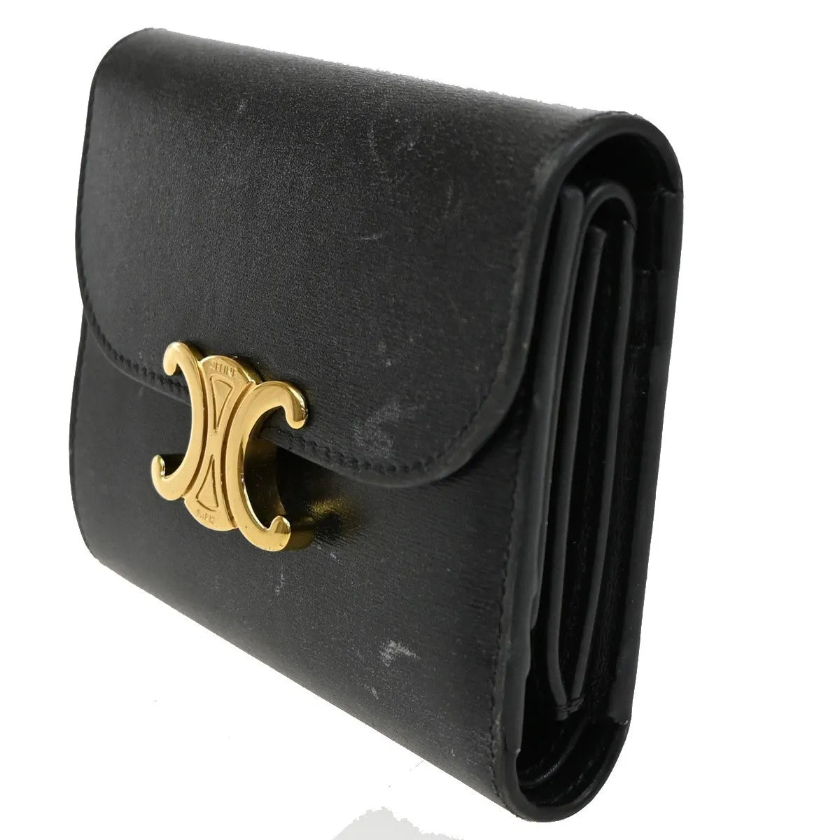 Celine Triomphe Trifold Leather, Black, Leather, Wallet