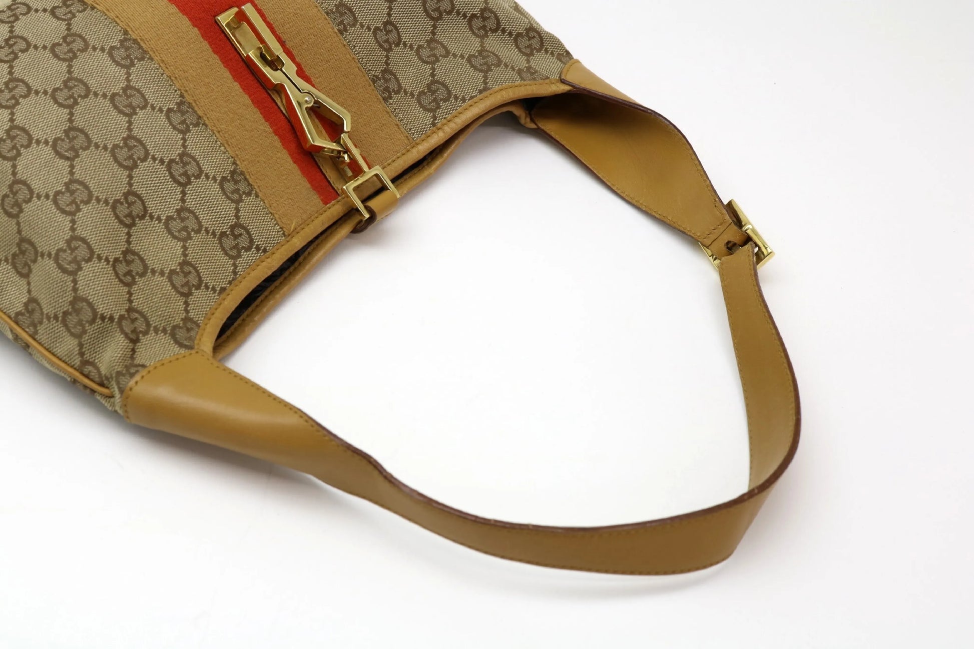 Gucci Vintage Jackie Shoulder Canvas and Leather, Beige, Canvas, Handbag