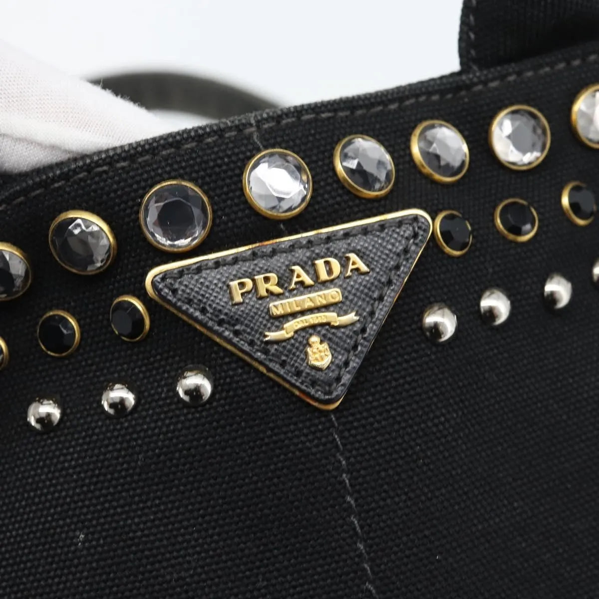 Prada Canapa Convertible Tote Rhinestone Embellished Canvas, Black, Canvas, Handbag