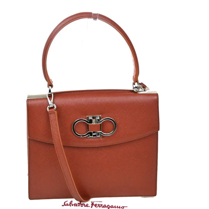 Salvatore Ferragamo Double Gancini Top Handle Saffiano Leather, Brown, Leather, Handbag
