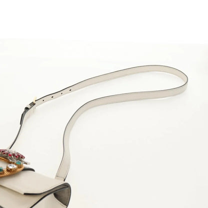 Miu Miu Madras Crystal Buckle Leather, White, Leather, Shoulder Bag
