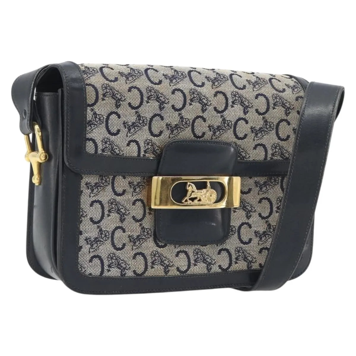 Celine Vintage Horse Carriage C Macadam Canvas and Leather, Navy, Canvas, Shoulder Bag