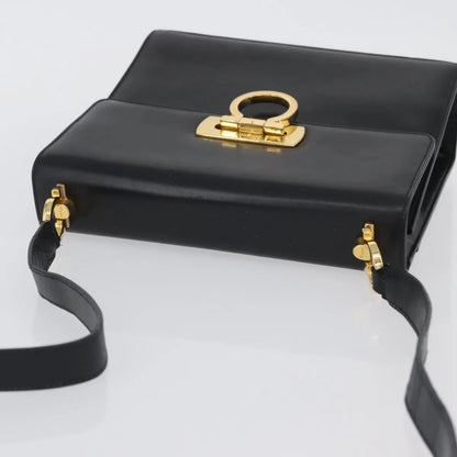 Salvatore Ferragamo Gancini Flap Leather, Black, Leather, Shoulder Bag
