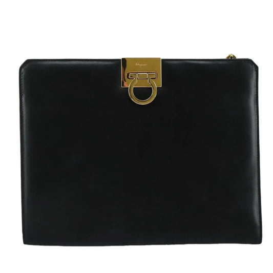 Salvatore Ferragamo Vintage Gancini Chain Leather, Black, Leather, Shoulder Bag