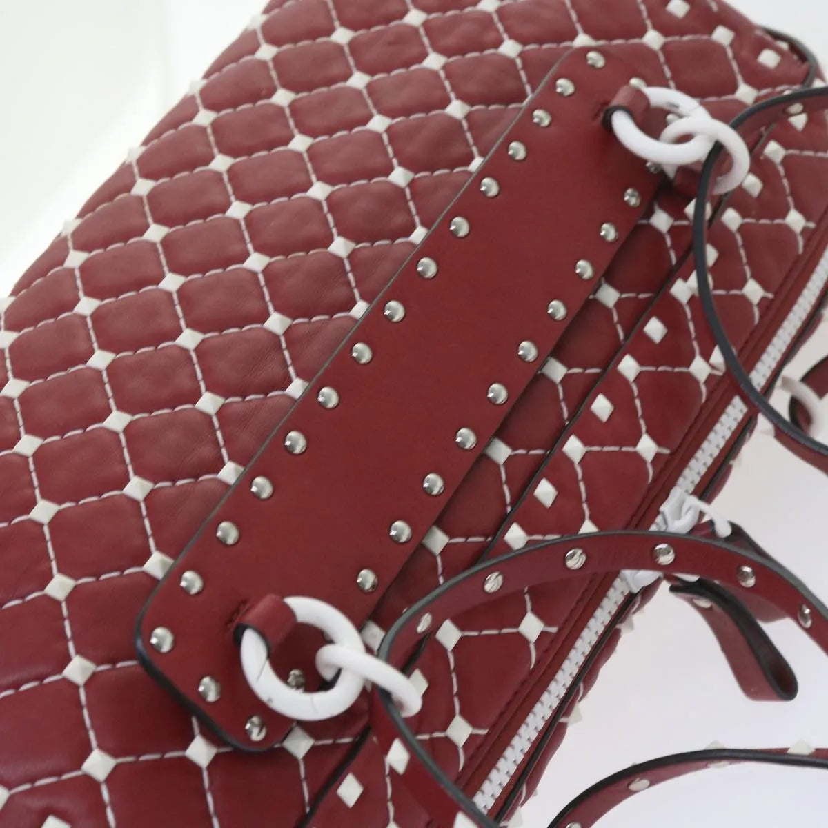 Valentino Garavani Free Rockstud Spike Duffle Quilted Leather, Red, Leather, Shoulder Bag