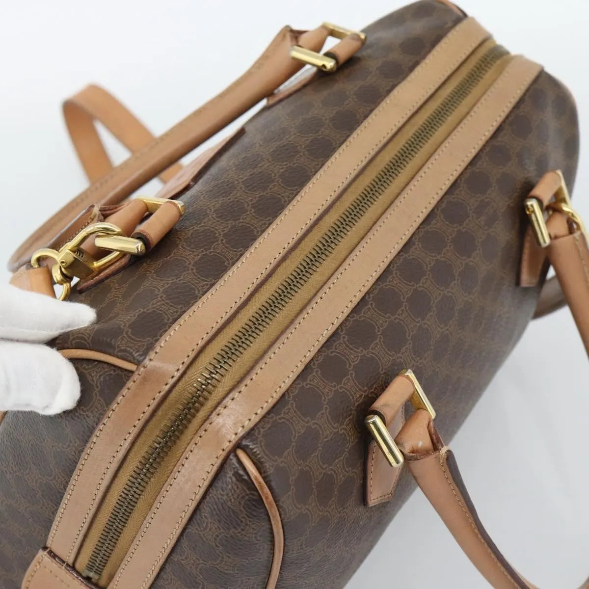 Celine Vintage Macadam Boston Canvas and Leather, Brown, PVC, Handbag