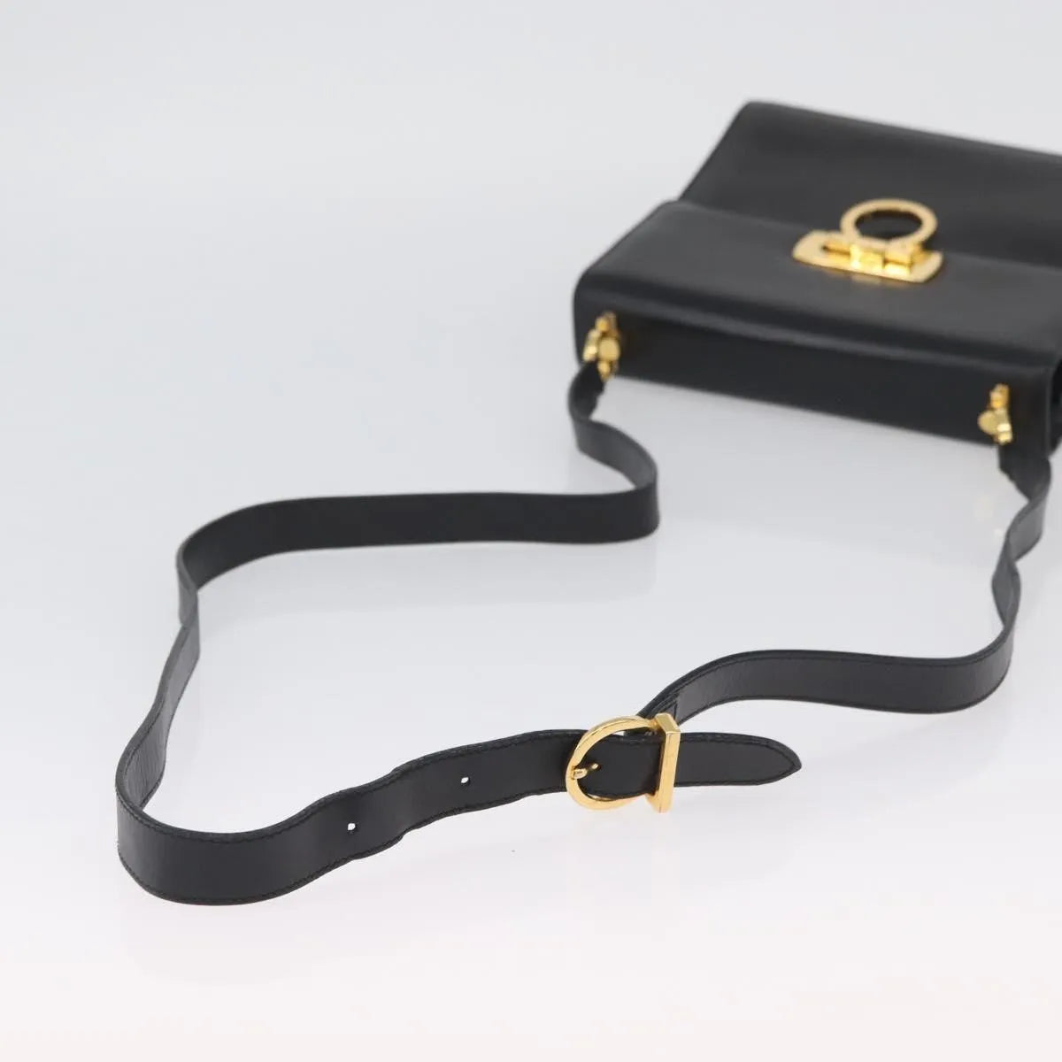 Salvatore Ferragamo Gancini Flap Leather, Black, Leather, Shoulder Bag