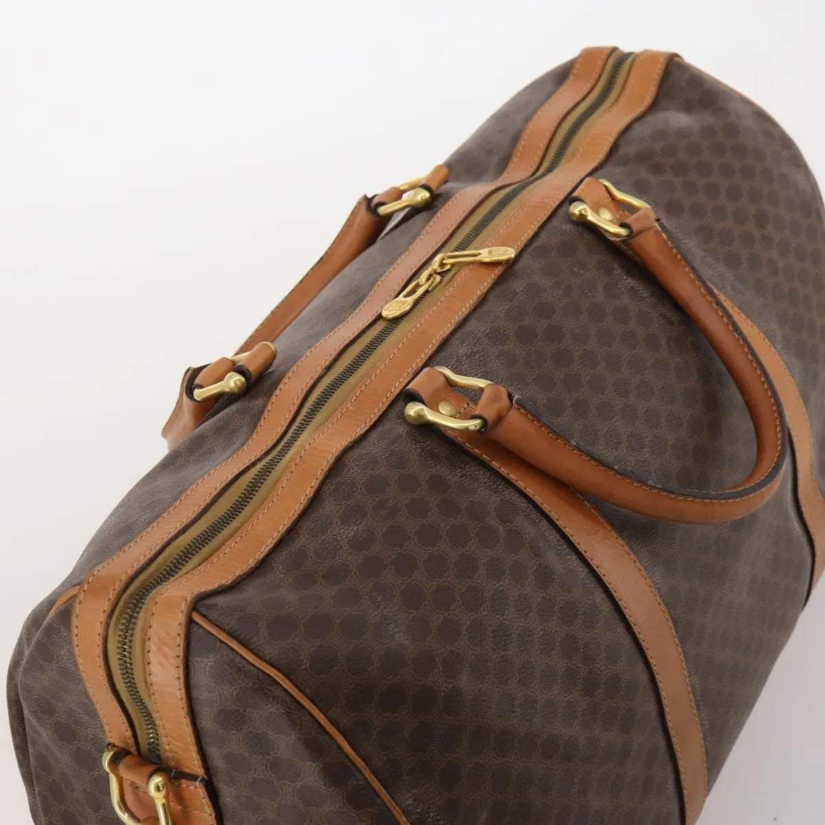 Celine Vintage Duffle Canvas and Leather, Brown, Canvas, Travel Bag
