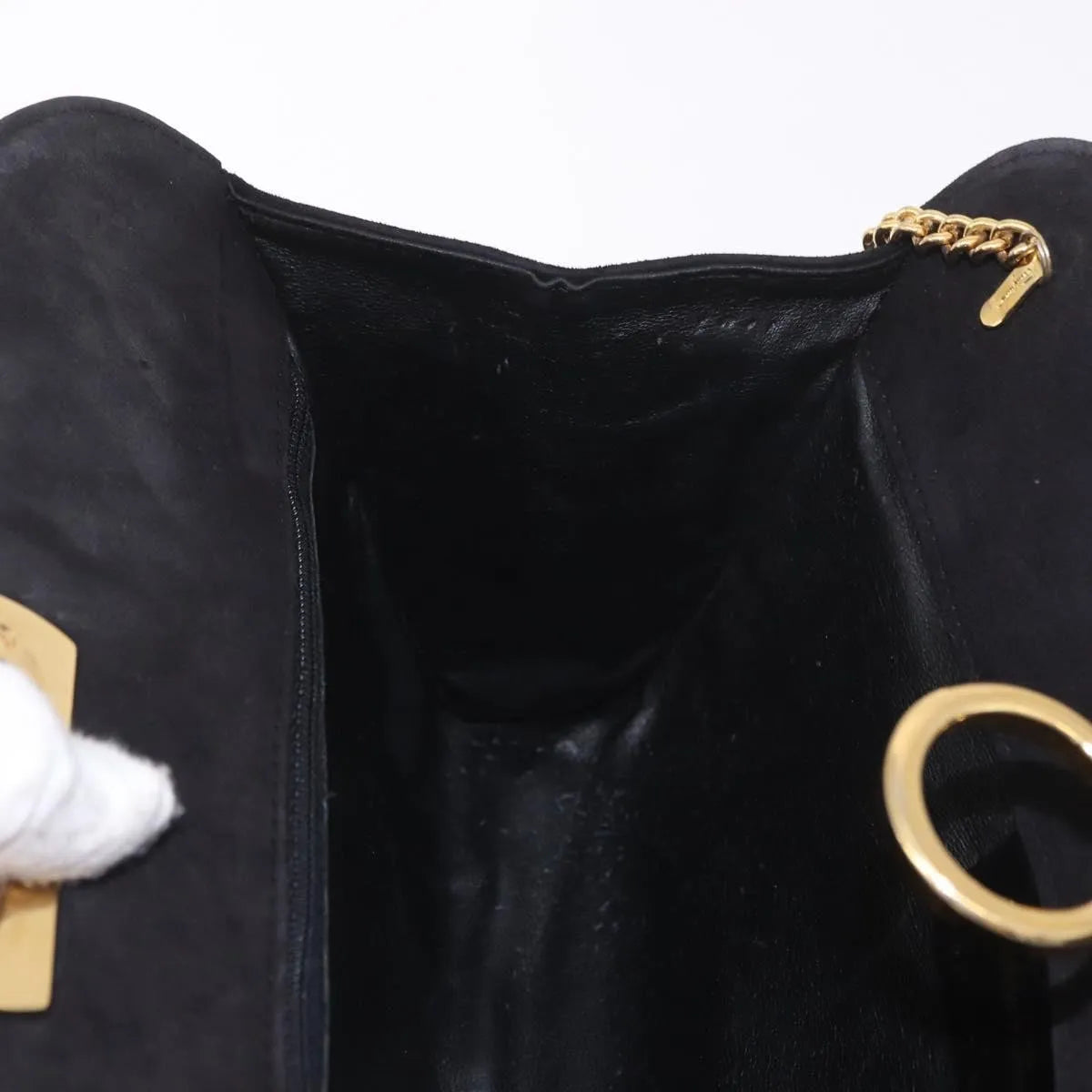 Salvatore Ferragamo Gancini Chain Suede, Black, Suede, Shoulder Bag