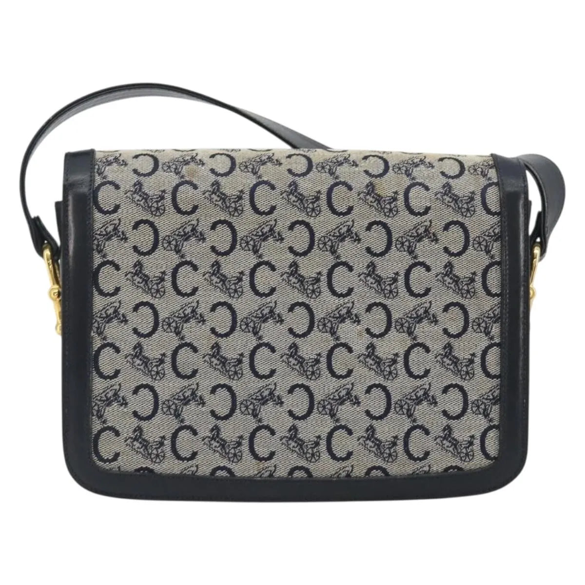 Celine Vintage Horse Carriage C Macadam Canvas and Leather, Navy, Canvas, Shoulder Bag