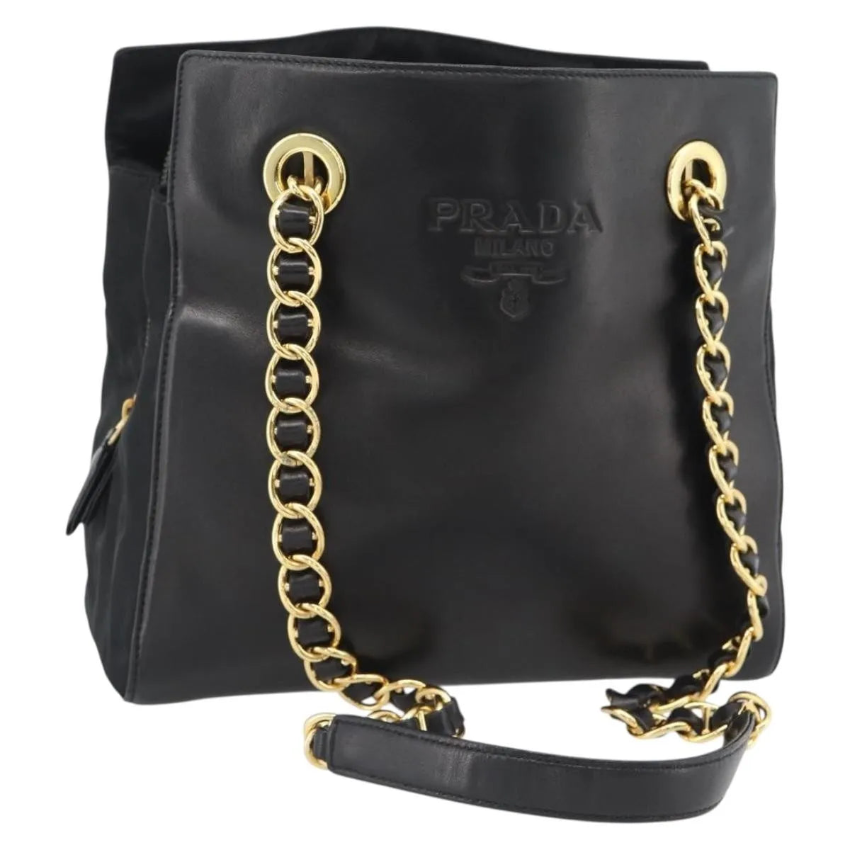 Prada Vintage Nappa Chain Tote Leather, Black, Leather, Shoulder Bag